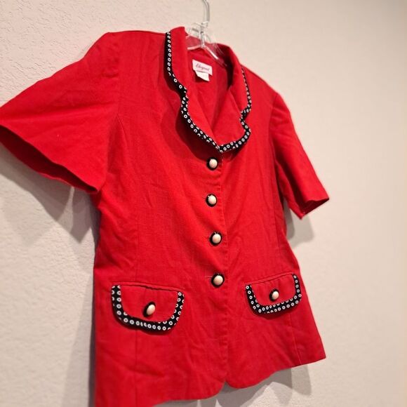 Elegant Vintage 90s Red Blouse Pearl Buttons Collared Shirt Jacket Shacket sz 12 - Picture 5 of 11